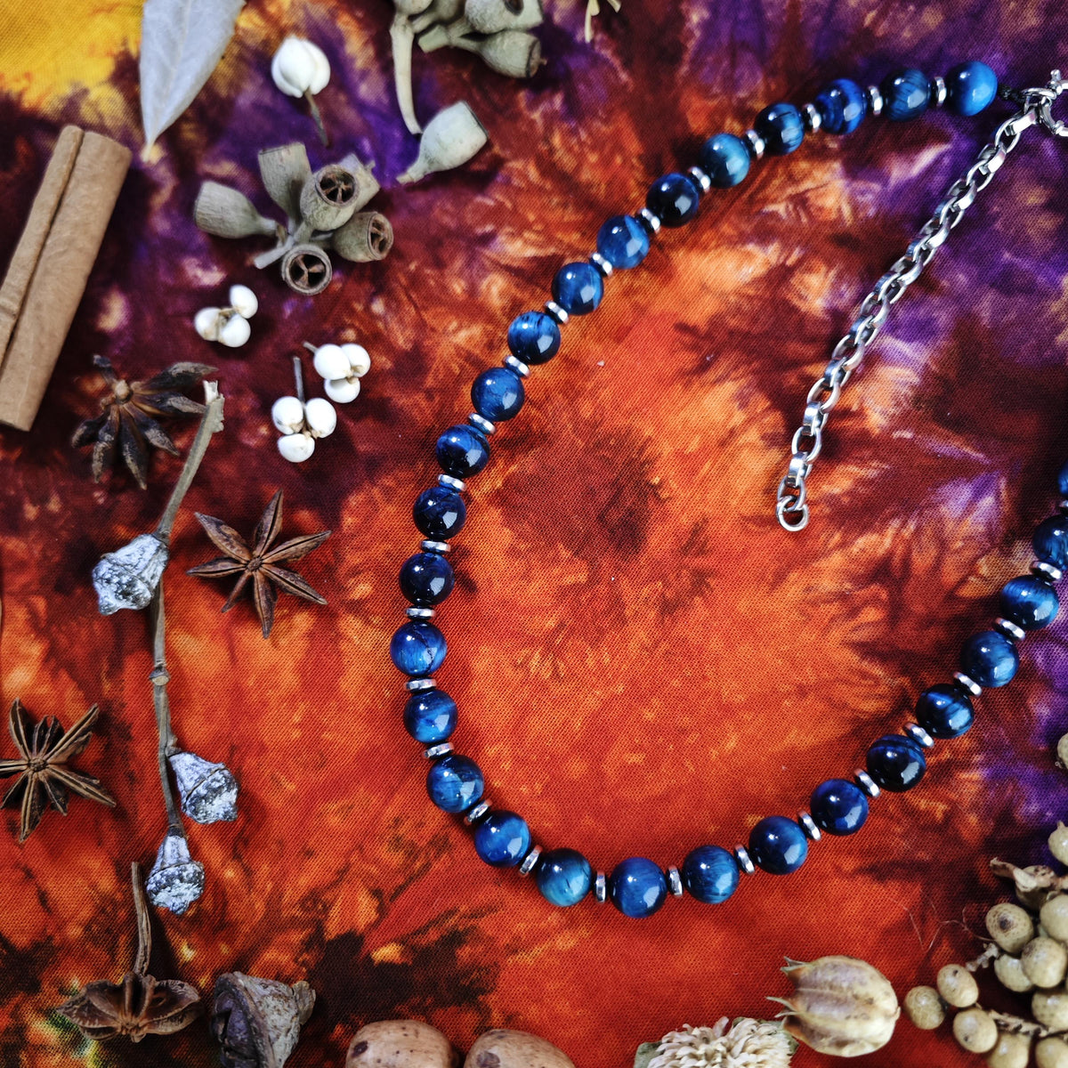 Handmade Blue Tiger's Eye Necklace with Hematite, Adjustable Ethnic Boho Jewelry