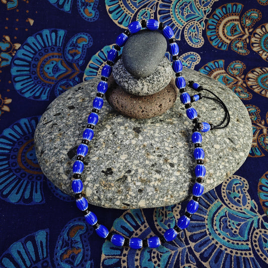Blue Chevron African Trade Beads Necklace, Coconut Shell Choker, Tribal Boho Glass Jewelry