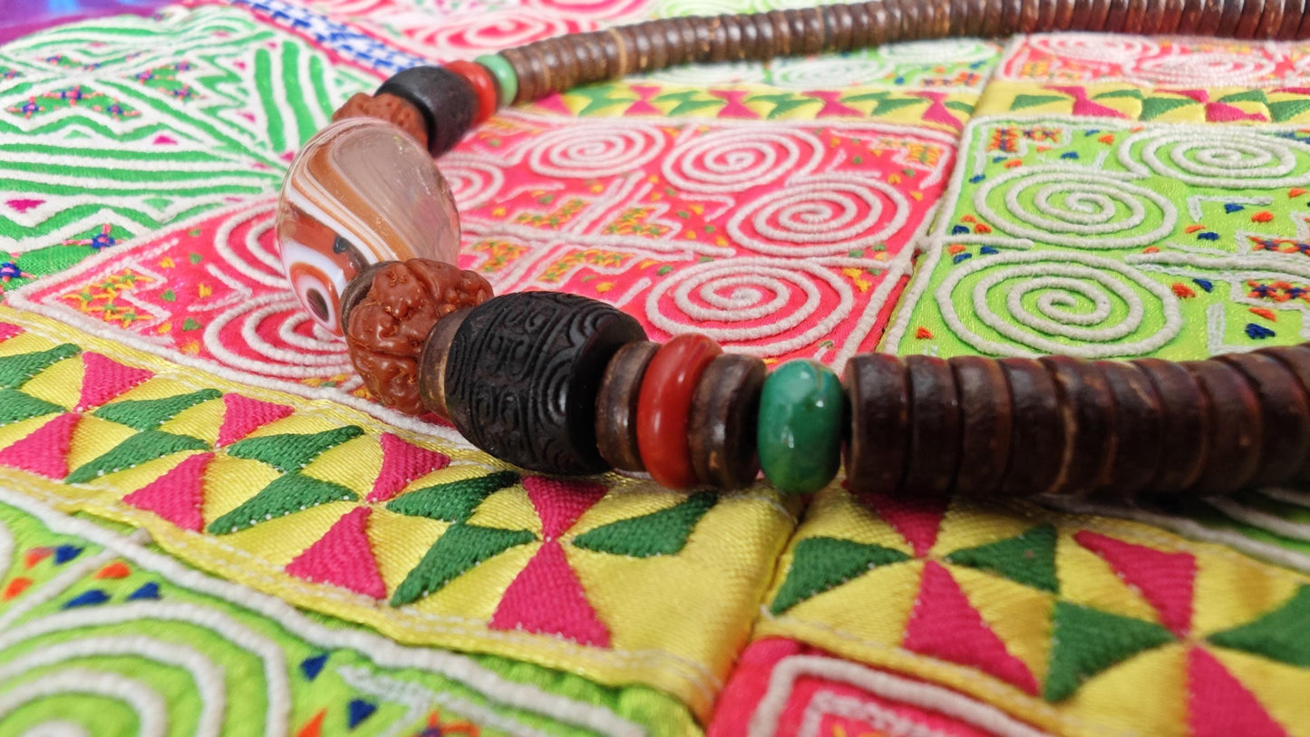 Vintage Banded Agate Bead Necklace, Rudraksha Mala Hand Carved Wood Choker, Turquoise Coconut Disc Amulet, Tribal Jewelry 46-68cm