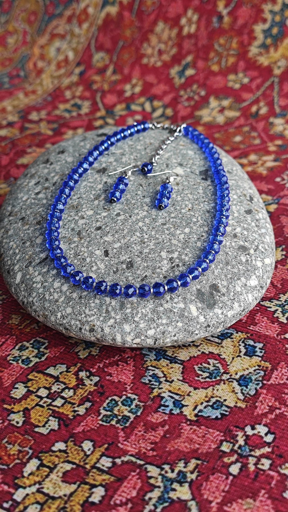 Cobalt Royal Blue Liuli Beaded Necklace Earring Set, Hematite Spacer, 925 Sterling Silver Hook, Handmade Glass Jewelry Set, 42-50cm