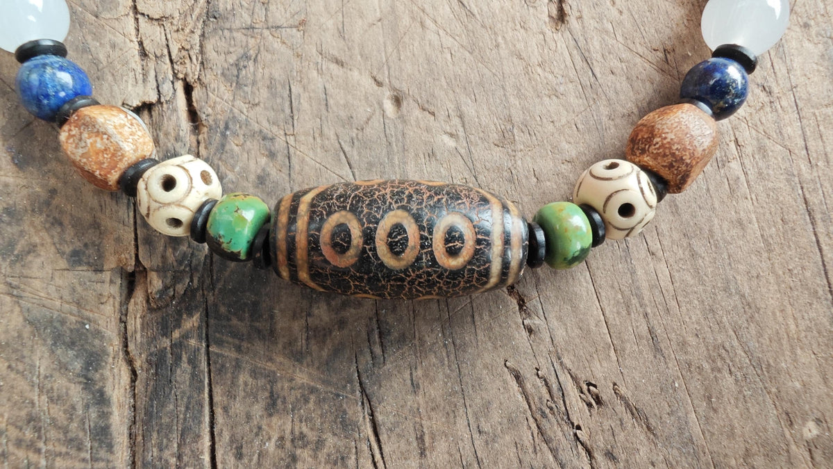 Vintage 3-Eye Dzi Bead Multi Gemstone Necklace, Turquoise Lapis Lazuli Mala, Boho Yoga Amulet