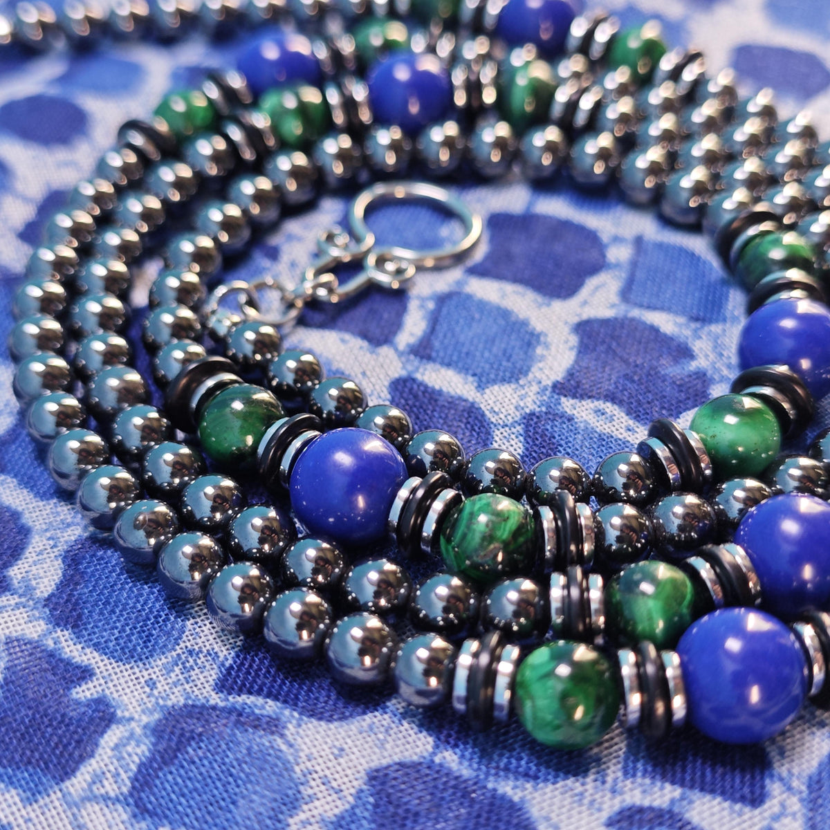 Malachite Lapis Lazuli Hematite Beaded Necklace, Ethnic Boho Double Layer Jewelry
