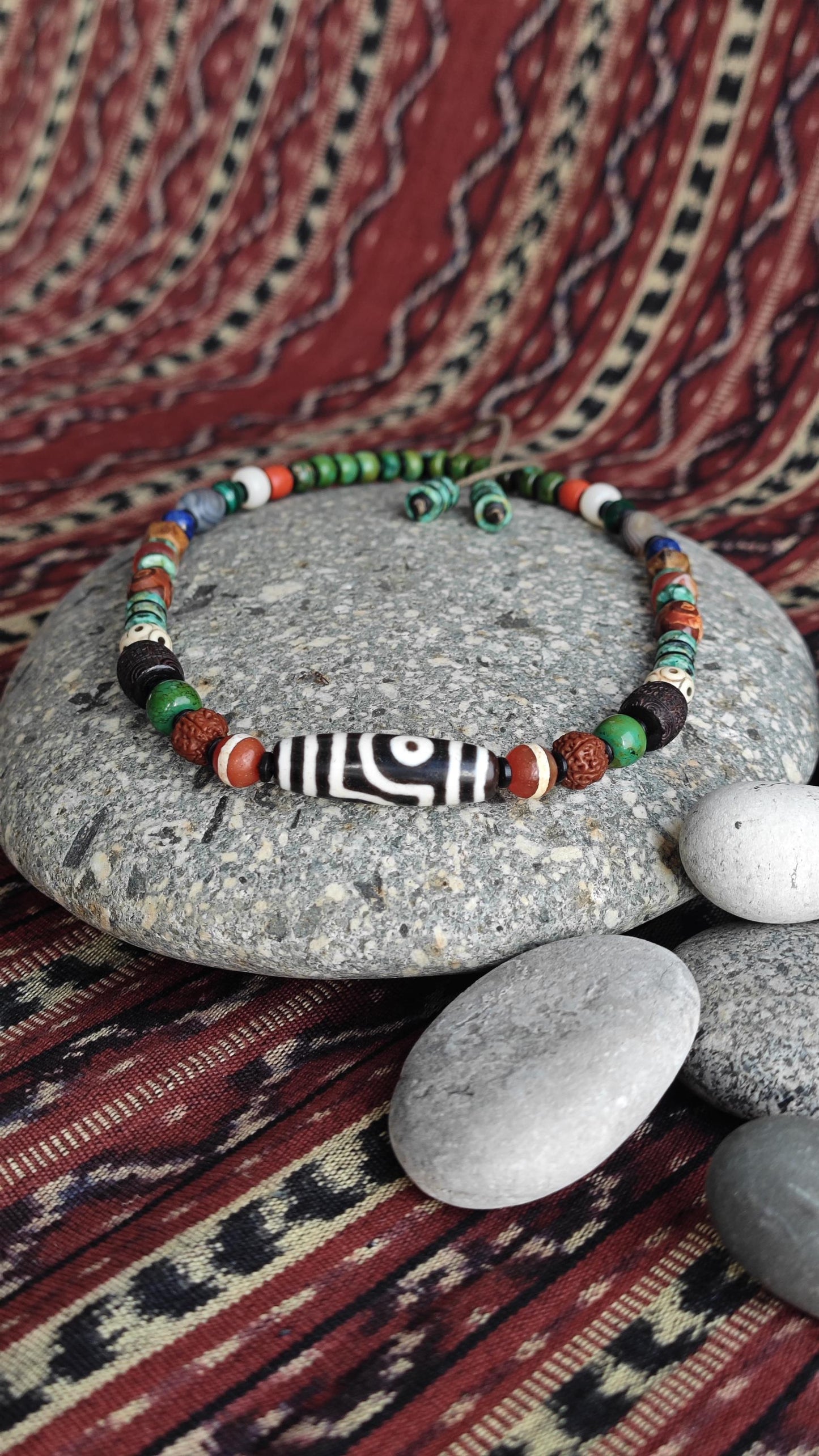 Vintage Tibetan Dzi Bead Multi Gemstone Necklace, Natural Turquoise Agate Rudraksha Mala, Ethnic Tribal Amulet Jewelry, Adjustable 47-62cm