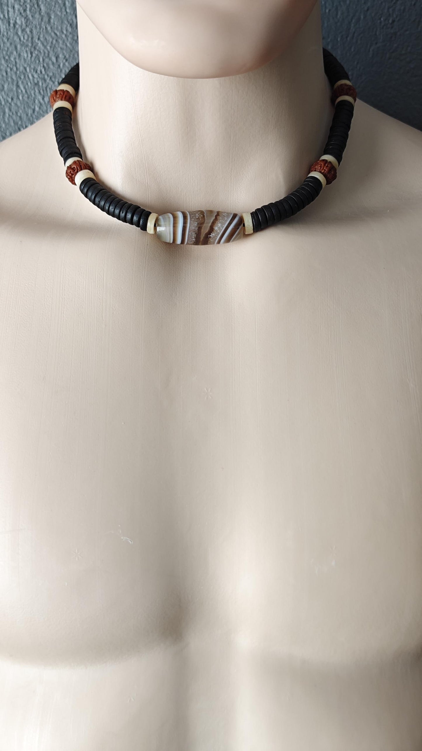 Natural Sardonyx Agate Bead Necklace, Rudraksha Mala Yak Bone Choker, Tribal Coconut Shell Amulet, Spiritual Protection, Adjustable 44-60cm