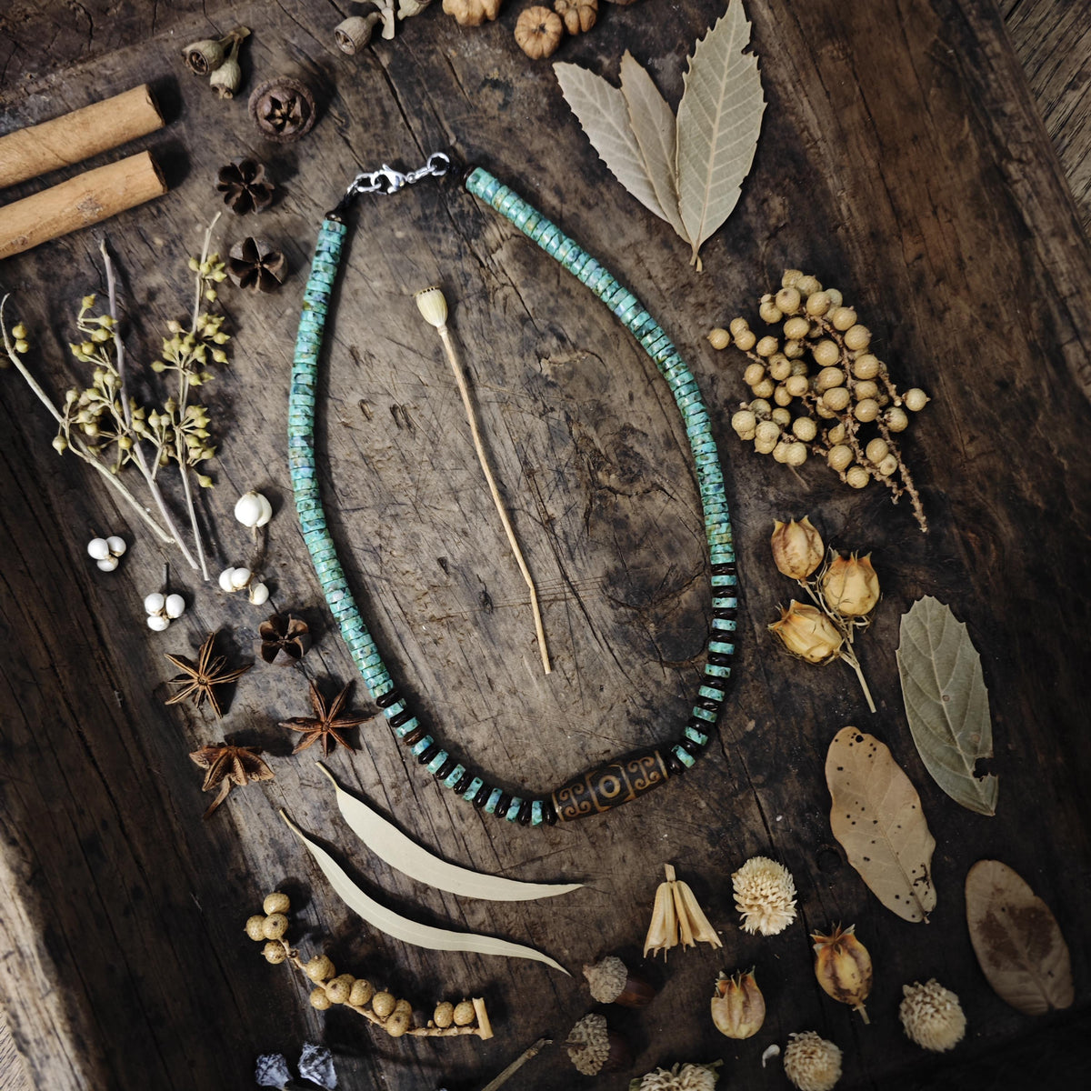 Handmade Vintage Dzi Bead Necklace with Turquoise & Coconut | Ethnic Spiritual Jewelry