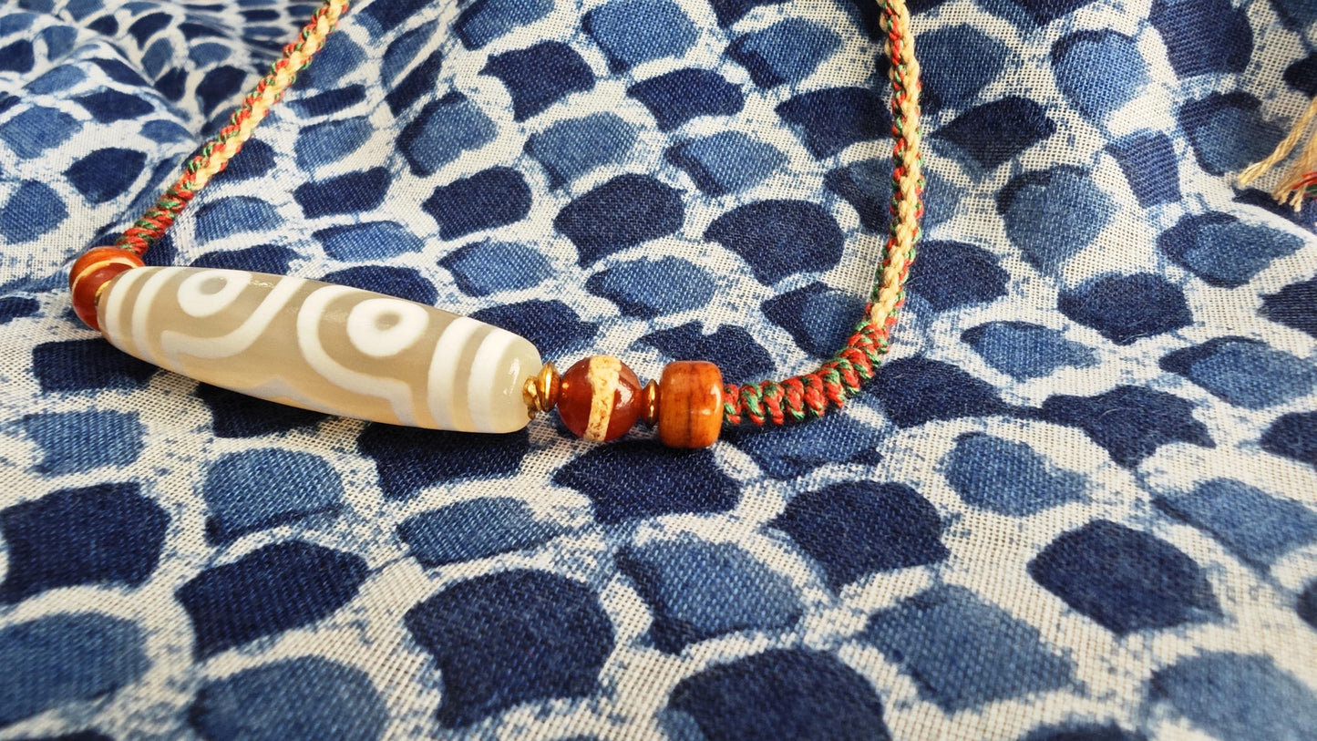 Tibetan White Dzi Bead Necklace, Hand-Braided Colorful Cord Choker, Aged Yak Bone & Red Dzi Amulet, Adjustable Spiritual Gift 40-70cm