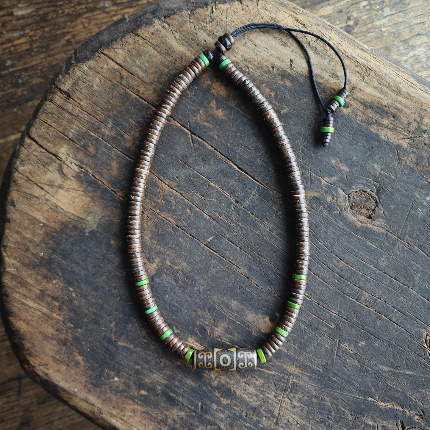 Vintage Tibetan Dzi Bead Necklace, Coconut Shell Heishi Choker, Turquoise Spacer Boho Jewelry, Tribal Mens Surfer Necklace 47cm