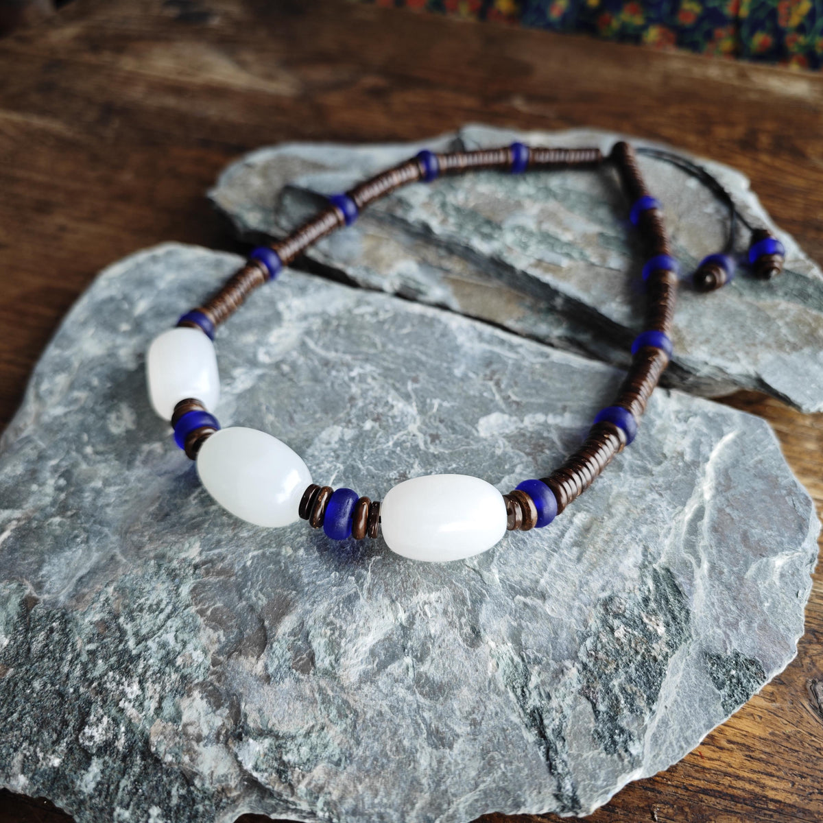 Mutton Fat White Jade Necklace, Cobalt Blue Liuli Bead Choker, Coconut Shell Heishi Chain, Zen Boho Jewelry, Unisex Gemstone Necklace 50cm