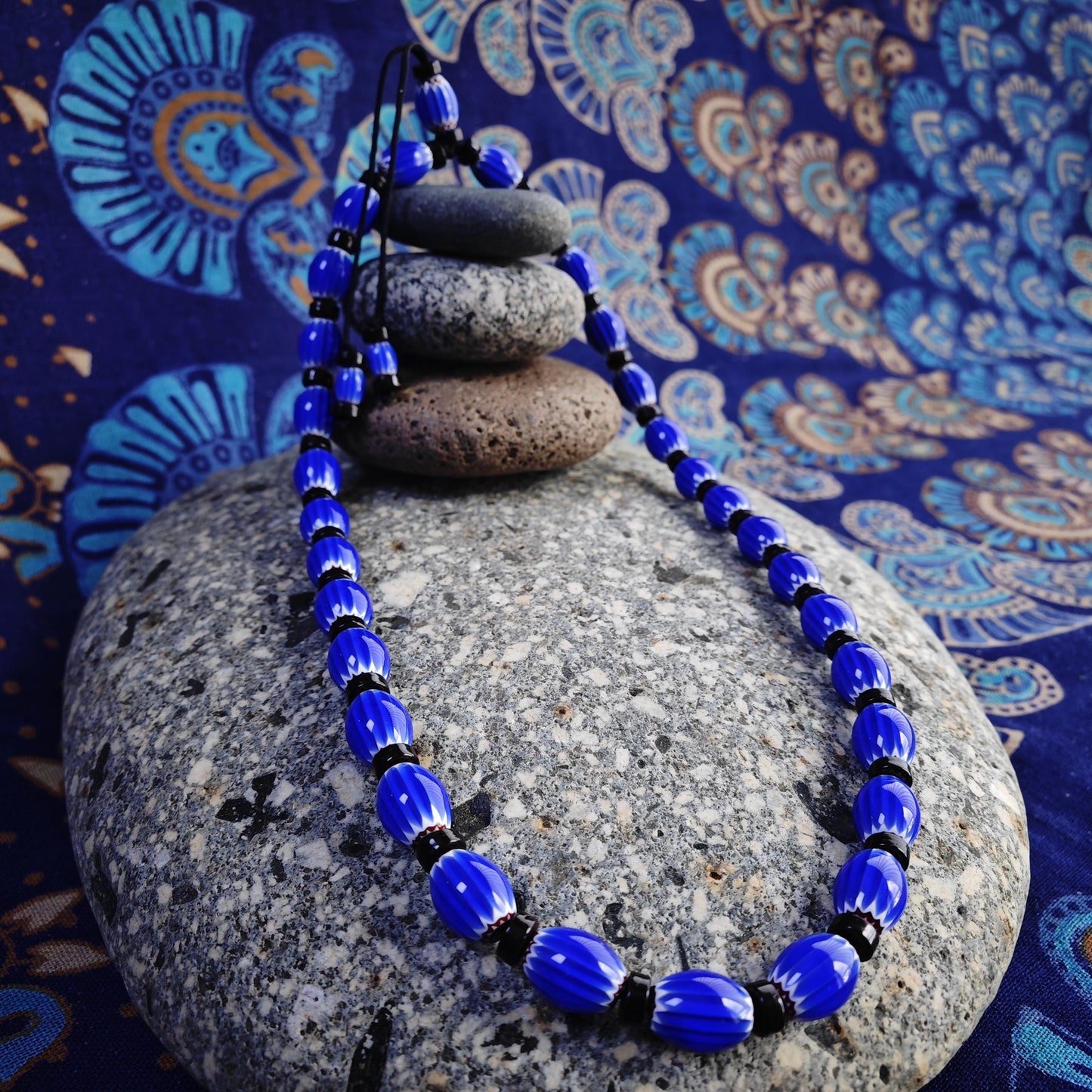 Blue Chevron African Trade Beads Necklace, Coconut Shell Choker, Tribal Boho Glass Jewelry