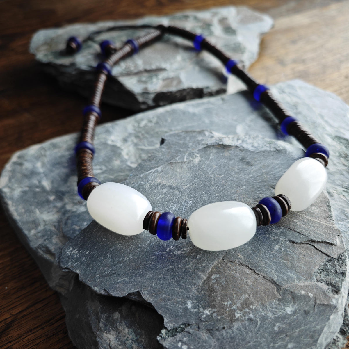 Mutton Fat White Jade Necklace, Cobalt Blue Liuli Bead Choker, Coconut Shell Heishi Chain, Zen Boho Jewelry, Unisex Gemstone Necklace 50cm