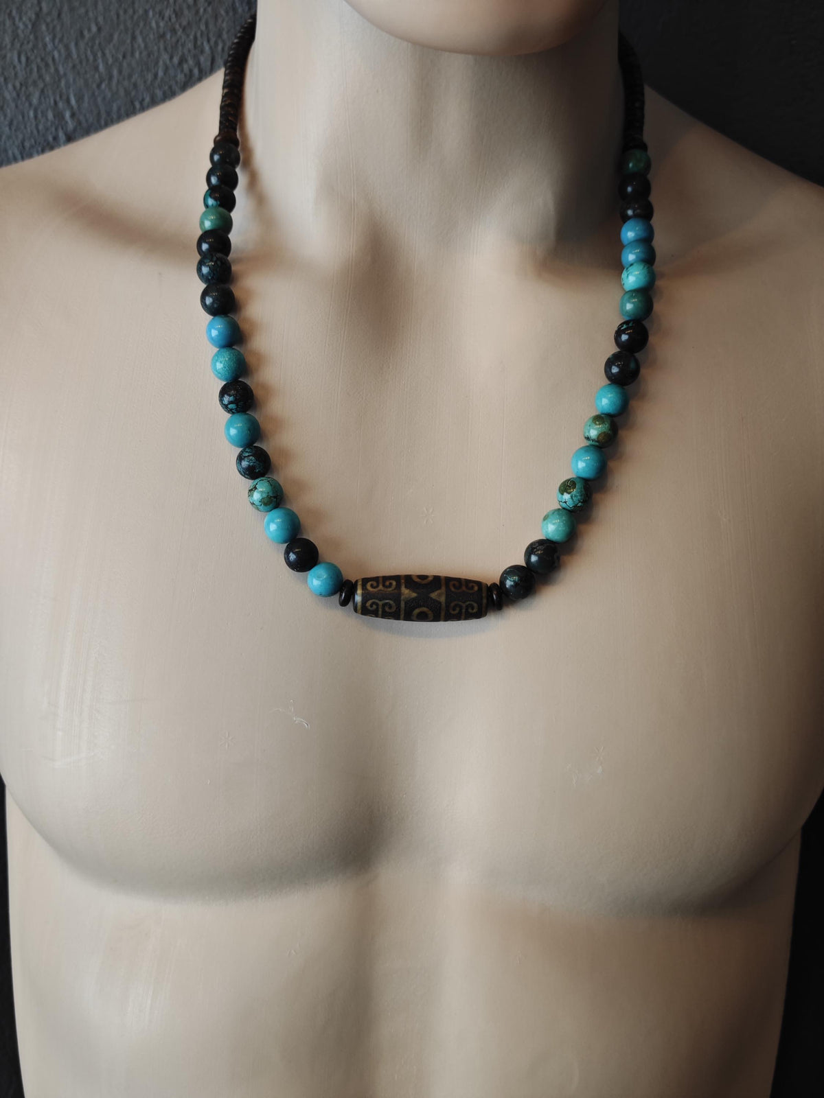 Handmade Vintage Dzi Bead Necklace with Turquoise & Coconut | Ethnic Spiritual Jewelry