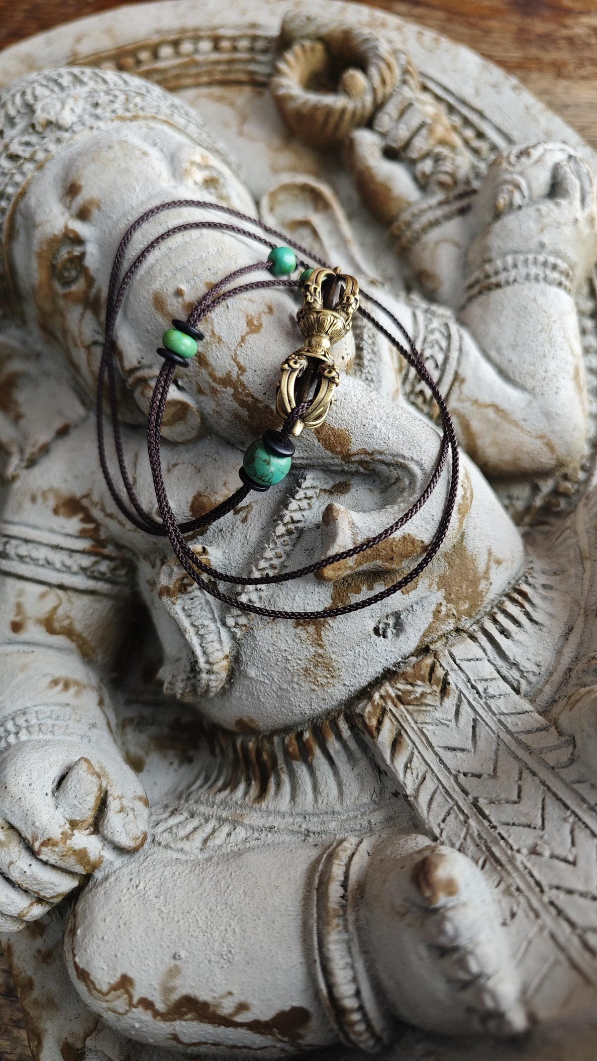 Brass Dorje Vajra Pendant Necklace, Turquoise Gemstone Choker, Tibetan Protection Amulet, Spiritual Yoga Gift, Adjustable Cord 40-76cm
