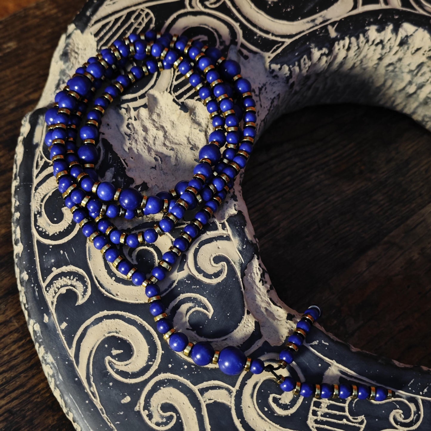 Handmade Long Lapis Lazuli Necklace with Hematite, Spiritual Ethnic Bohemian Jewelry