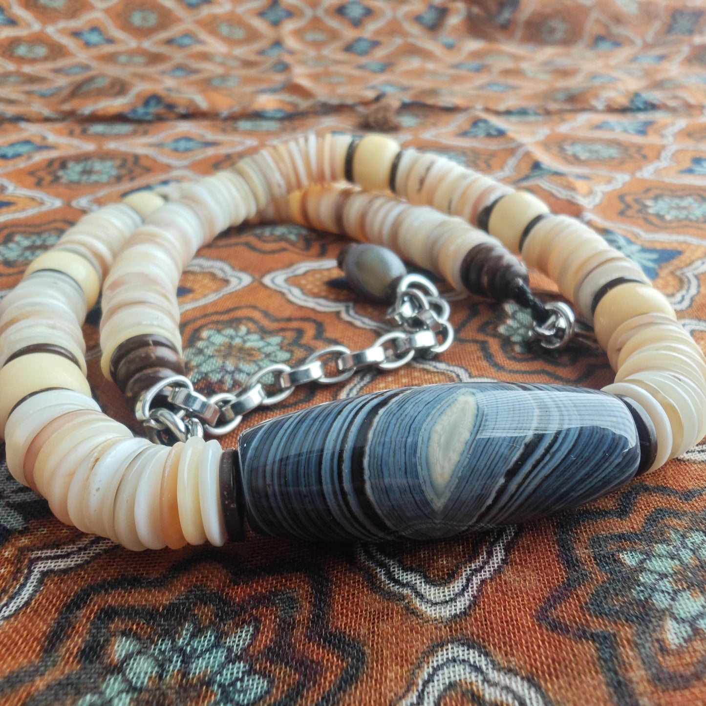 Banded Agate Statement Necklace, Natural Yak Bone Choker, Coconut Disc Beaded Chain, Tribal Boho Amulet, Adjustable Men Women Gift 52-64cm