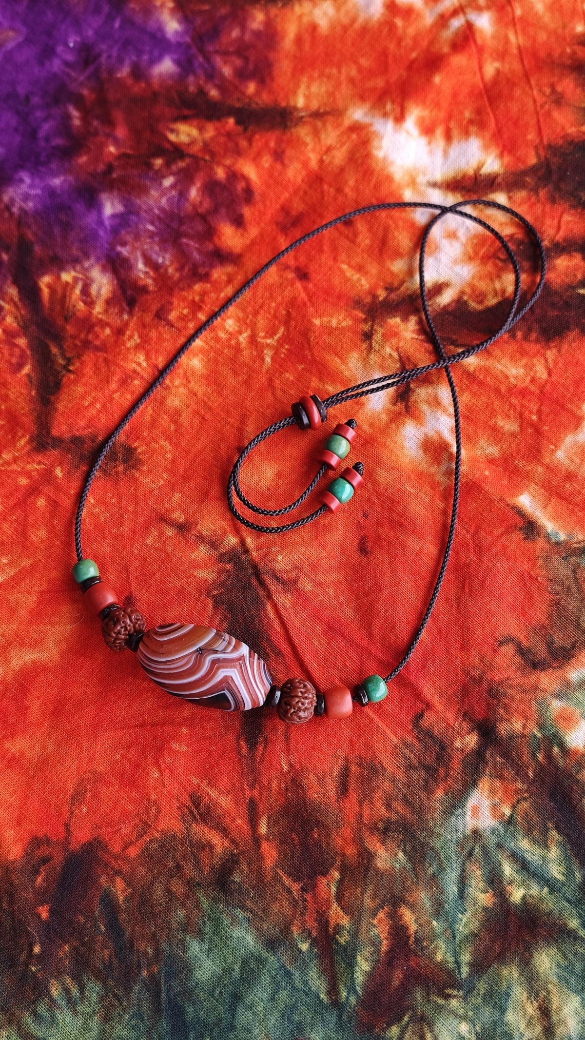 Tibetan Banded Agate Dzi Pendant Necklace, Rudraksha Turquoise Mala, Boho Amulet