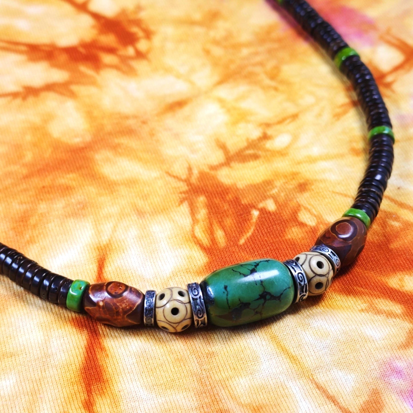 Handmade Turquoise Yak Bone Dzi Bead Necklace | Ethnic Tibetan Tribal Bohemian Jewelry