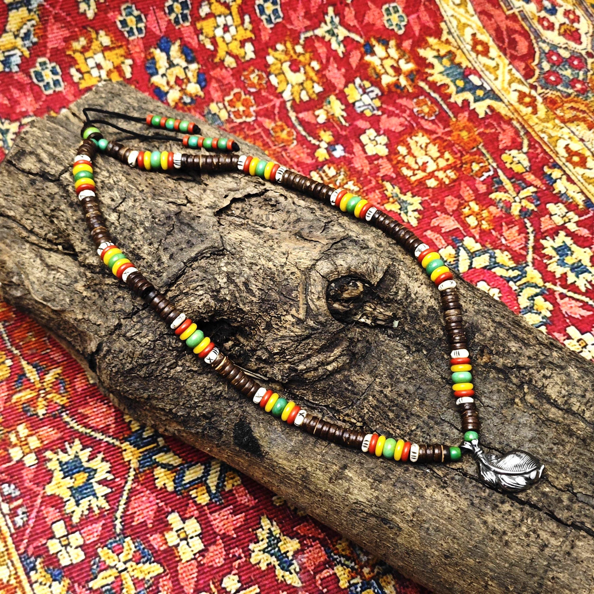 Boho Feather Pendant Beaded Necklace, Turquoise Yellow Jade Red Agate Choker, Yak Bone Tribal Surfer Jewelry, Unisex Gemstone Necklace 58cm