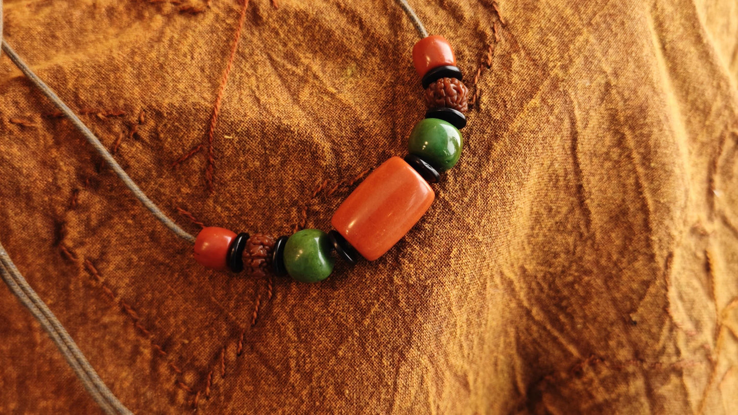 Red Agate Om Mani Padme Hum Necklace, Turquoise Rudraksha Mala Choker, Boho Adjustable Cord