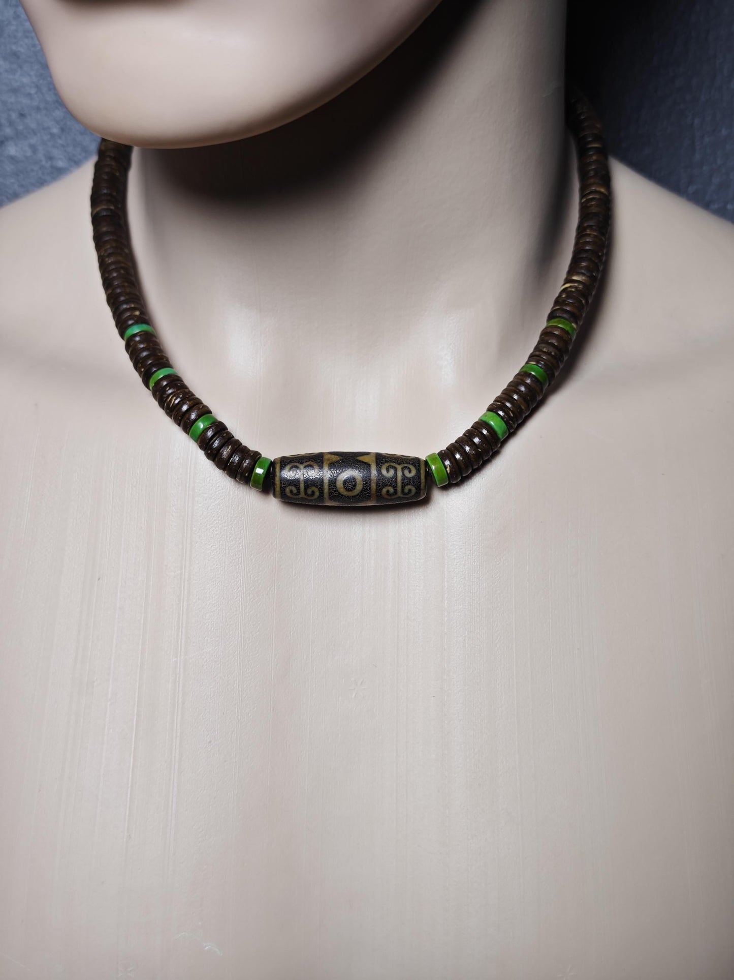 Vintage Tibetan Dzi Bead Necklace, Coconut Shell Heishi Choker, Turquoise Spacer Boho Jewelry, Tribal Mens Surfer Necklace 47cm