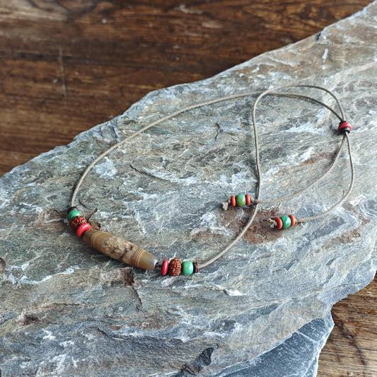 Vintage Banded Agate Dzi Bead Necklace, Rudraksha Mala Choker, Nan Hong Red Agate Tribal Jewelry, Turquoise Adjustable Cord Pendant 40-70cm