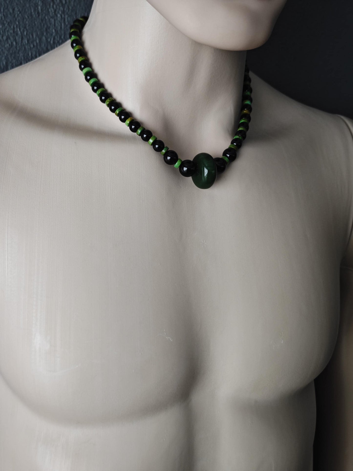 Natural Green Jade Pendant Necklace with Black Onyx & Turquoise | Adjustable Ethnic Bohemian Jewelry