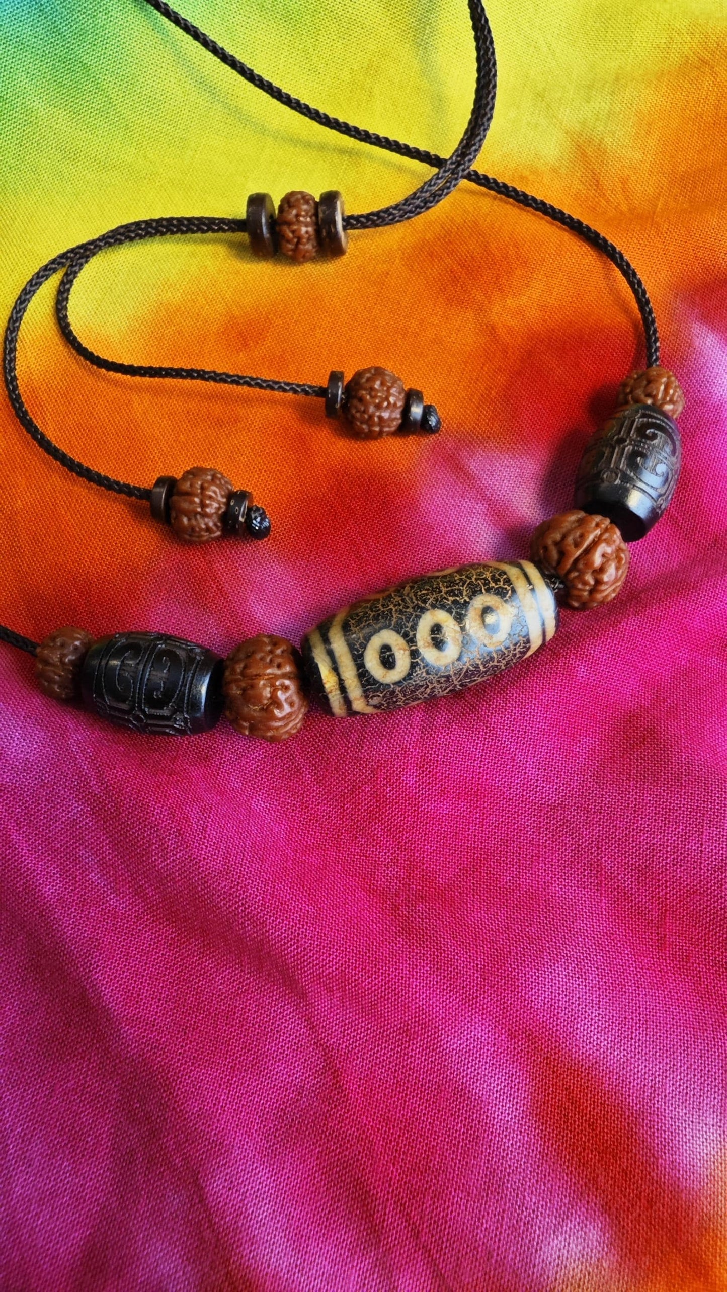 Vintage Tibetan Dzi Bead Necklace, Hand Carved Hardwood Choker, Rudraksha Mala Jewelry (40-65cm)