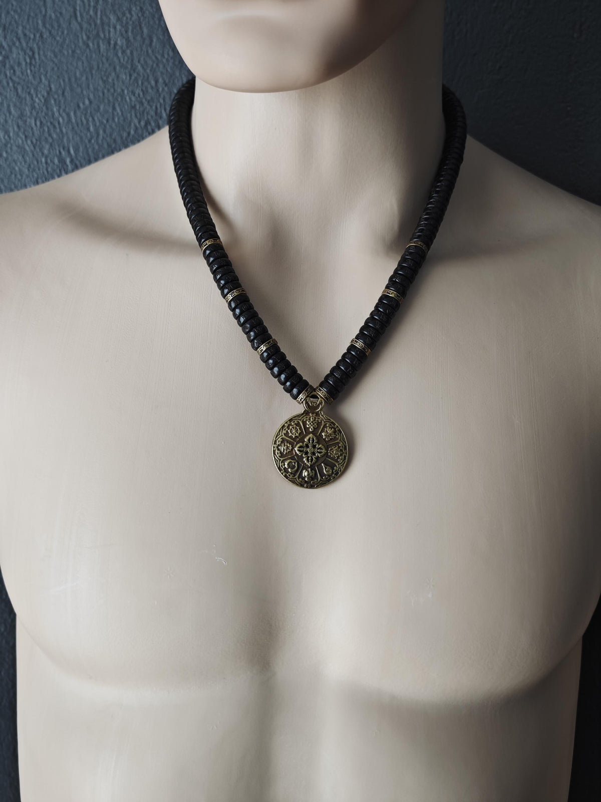 Handmade Copper Pendant Necklace, Om Mani Padme Hum Coconut Beads, Tibetan Ethnic Spiritual Jewelry