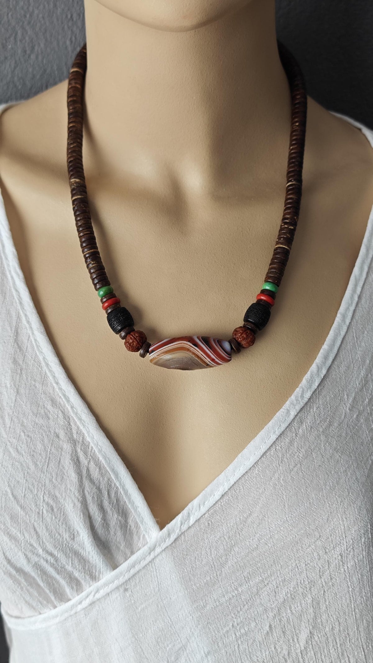 Vintage Banded Agate Bead Necklace, Rudraksha Mala Hand Carved Wood Choker, Turquoise Coconut Disc Amulet, Tribal Jewelry 46-68cm