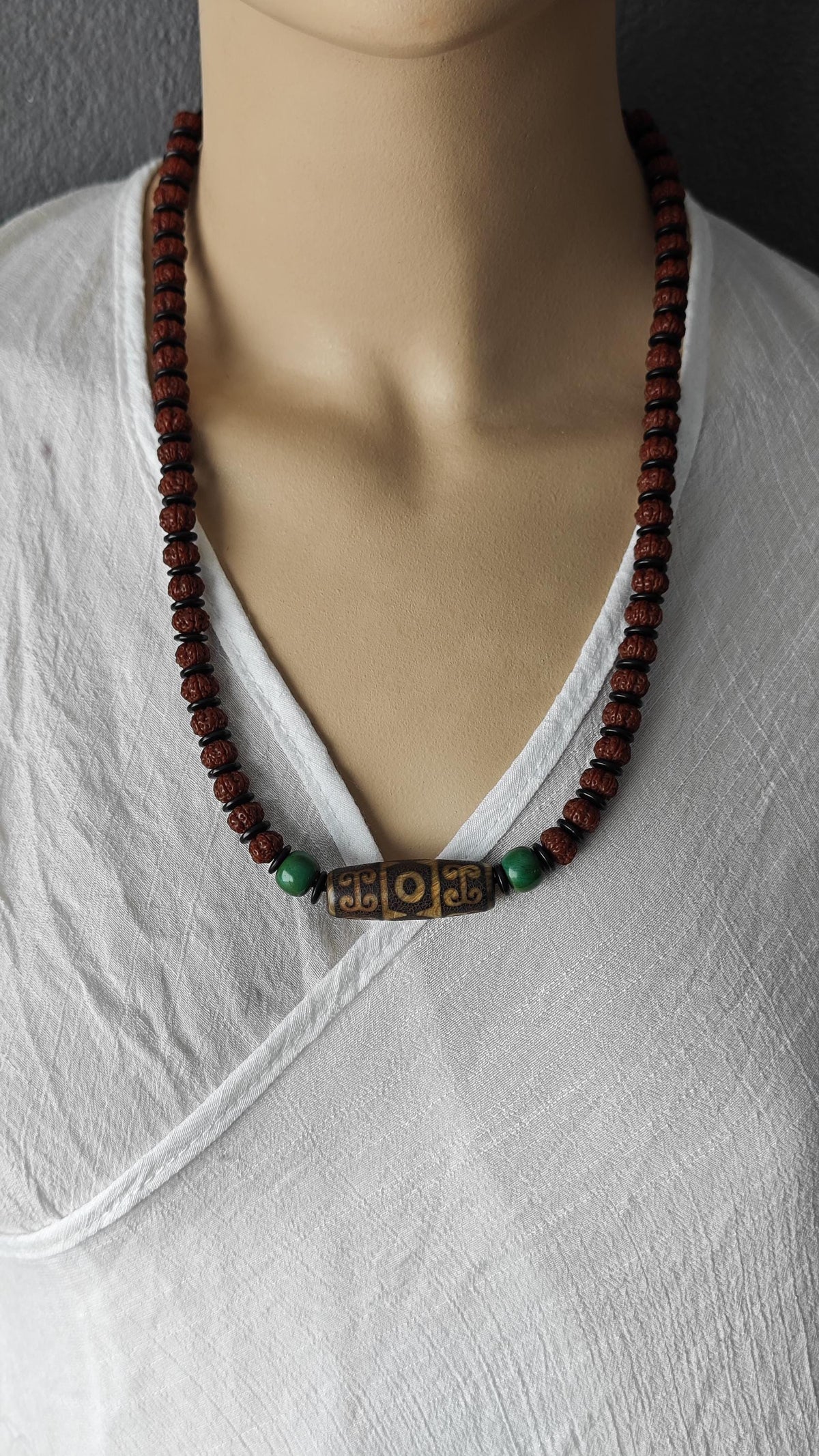 Vintage Tibetan Dzi Bead Mala Necklace, Green Turquoise Amulet, Sacred Protection Choker