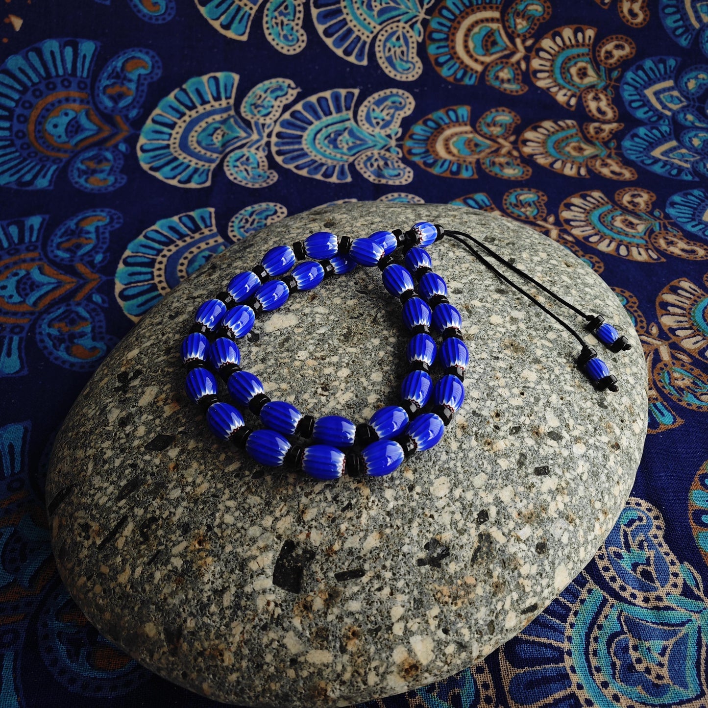 Blue Chevron African Trade Beads Necklace, Coconut Shell Choker, Tribal Boho Glass Jewelry