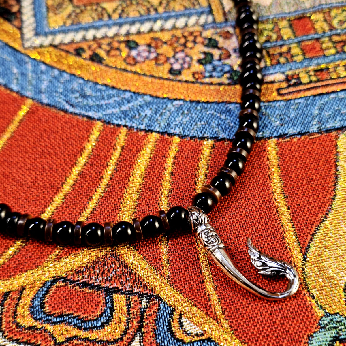 Black Onyx Agate Beaded Necklace, Thai Naga Hook Pendant, Ethnic Tribal Boho Chic Jewelry