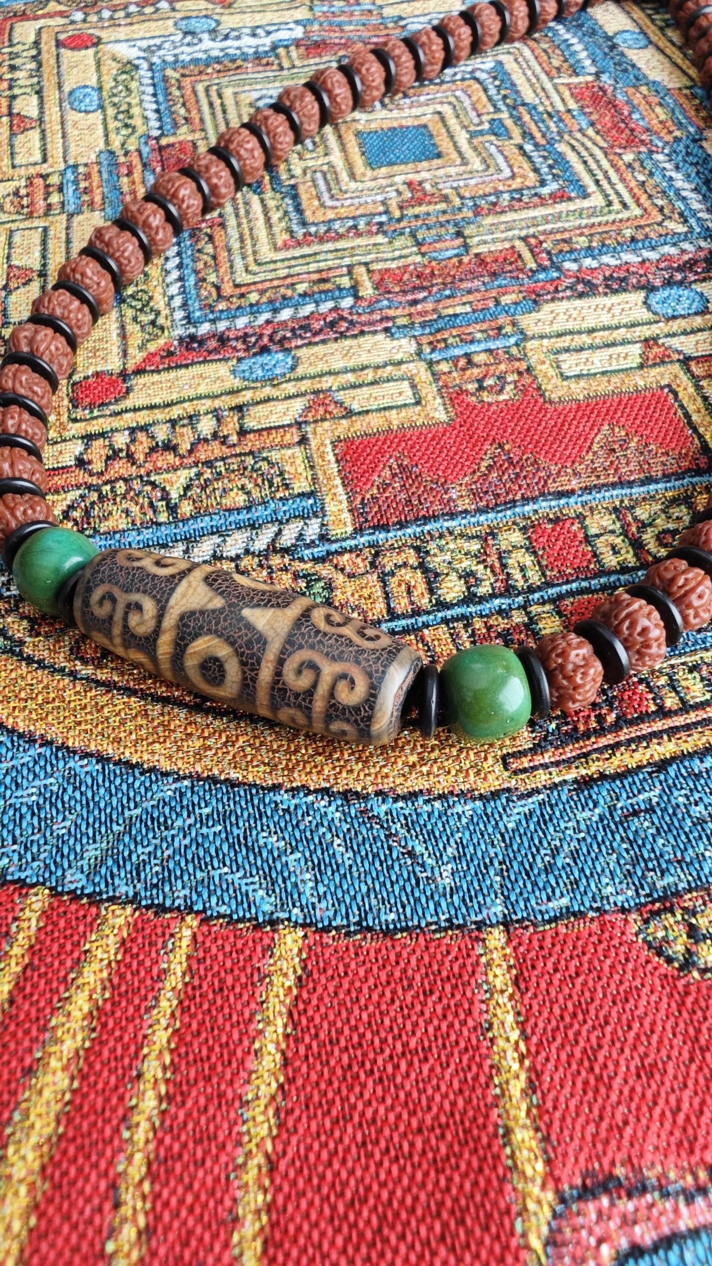 Vintage Tibetan Dzi Bead Mala Necklace, Green Turquoise Amulet, Sacred Protection Choker