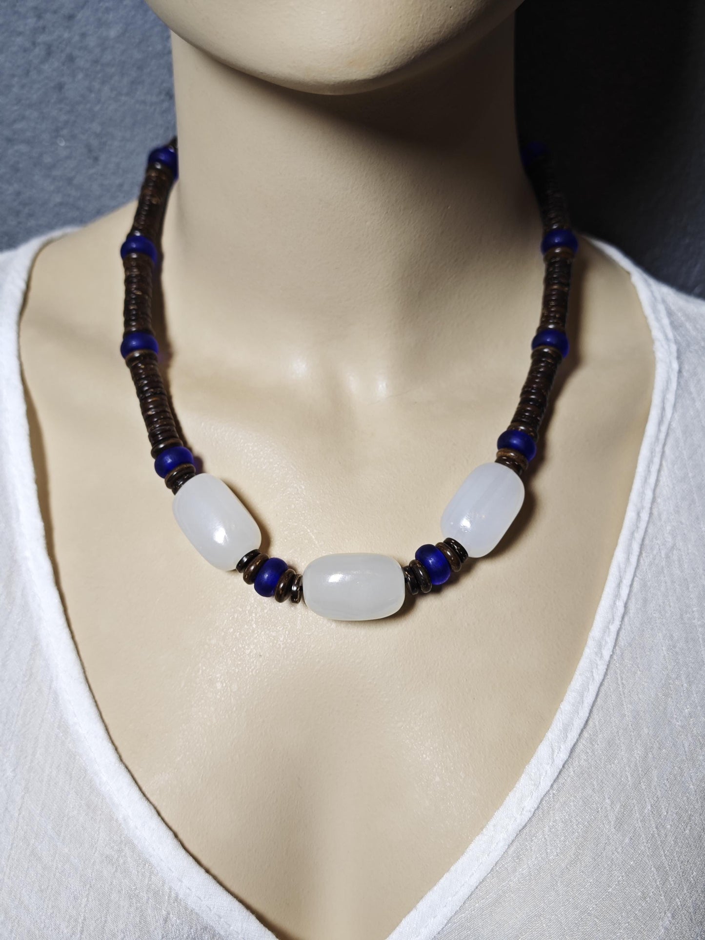 Mutton Fat White Jade Necklace, Cobalt Blue Liuli Bead Choker, Coconut Shell Heishi Chain, Zen Boho Jewelry, Unisex Gemstone Necklace 50cm