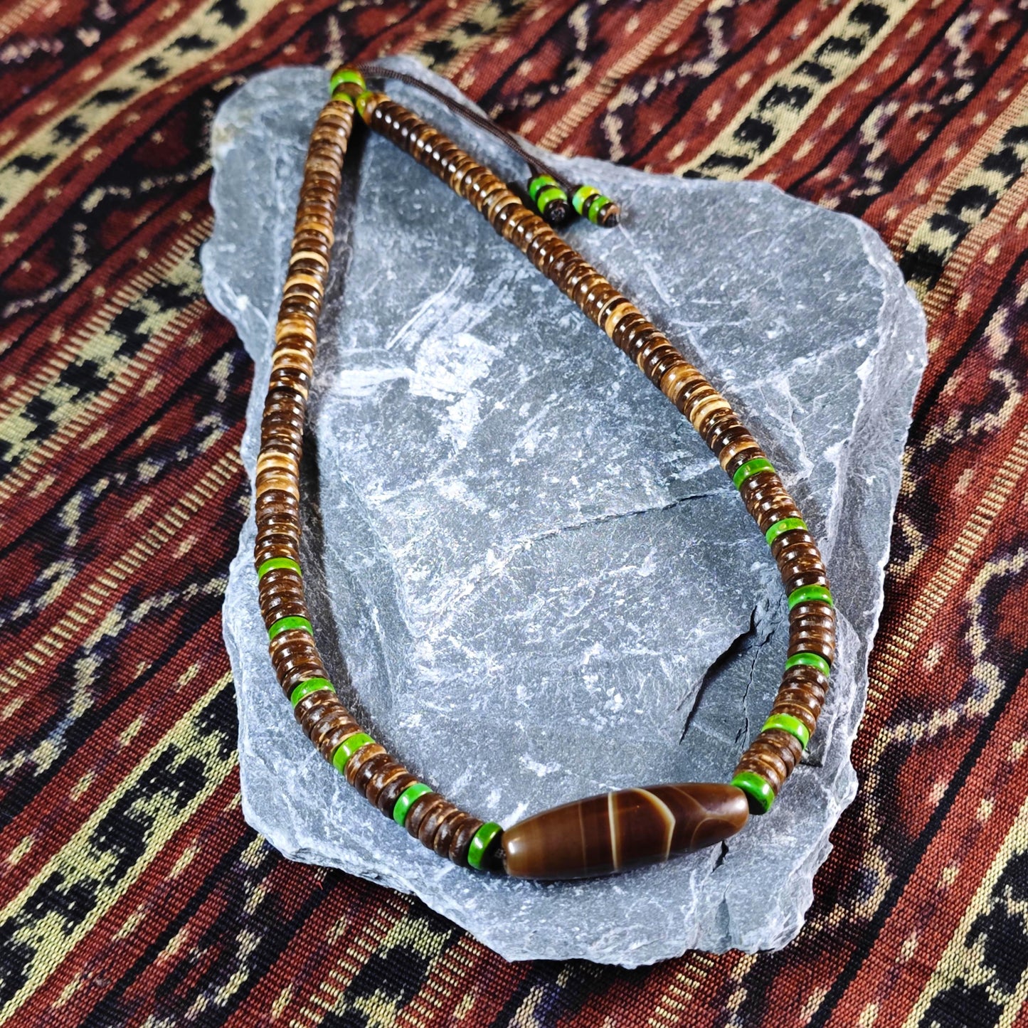 Tibetan Dzi Bead Necklace, Sardonyx Agate, Turquoise, Coconut Shell, Bohemian Jewelry
