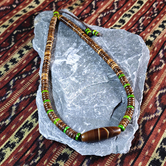 Tibetan Dzi Bead Necklace, Sardonyx Agate, Turquoise, Coconut Shell, Bohemian Jewelry