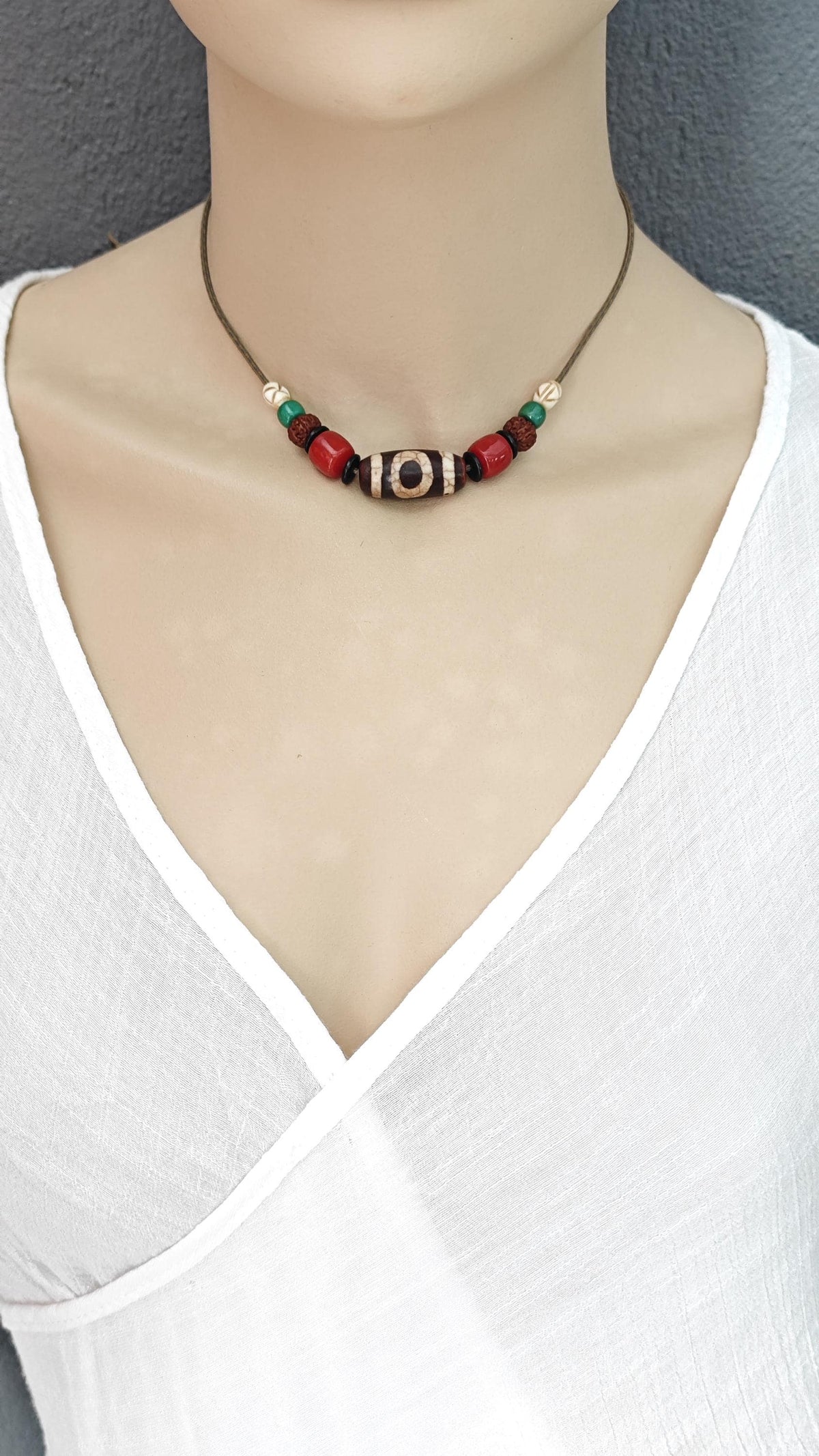 Vintage Tibetan Dzi Bead Necklace, Nan Hong Red Agate, Rudraksha, Yak Bone, Turquoise Amulet