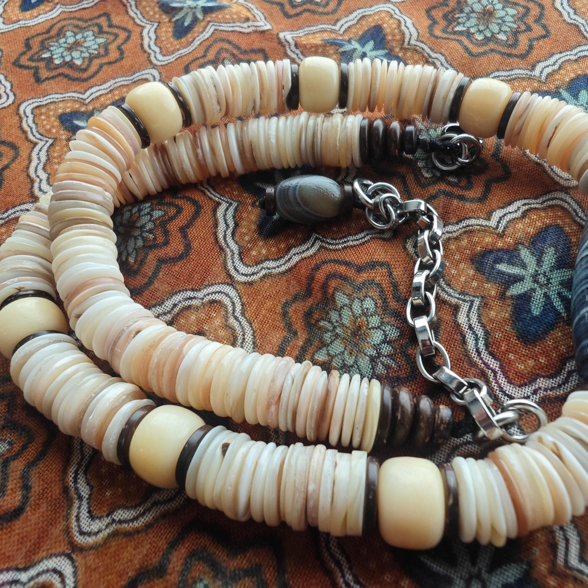 Banded Agate Statement Necklace, Natural Yak Bone Choker, Coconut Disc Beaded Chain, Tribal Boho Amulet, Adjustable Men Women Gift 52-64cm