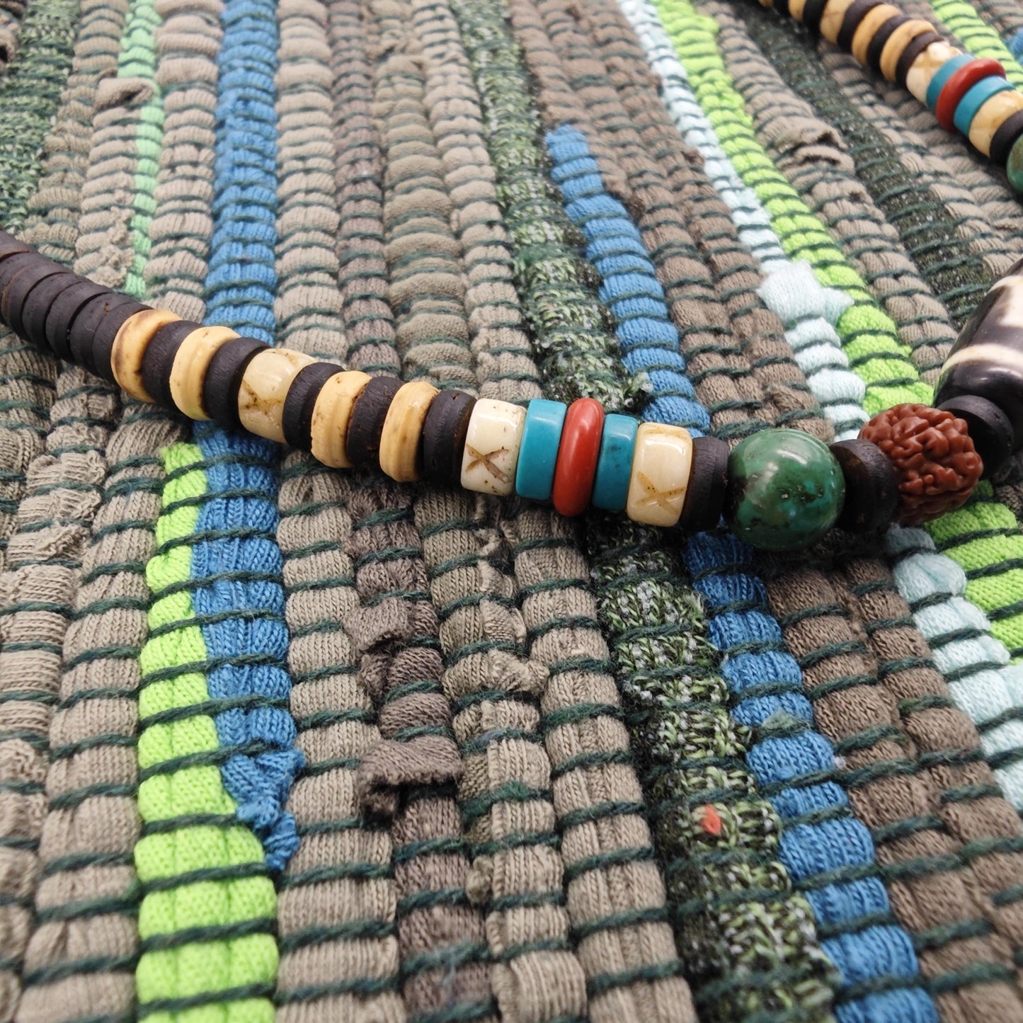 Tibetan Dzi Bead Necklace, Rudraksha Mala & Turquoise Boho Choker, Yak Bone Tribal Jewelry, Spiritual Meditation Surfer Necklace 50cm