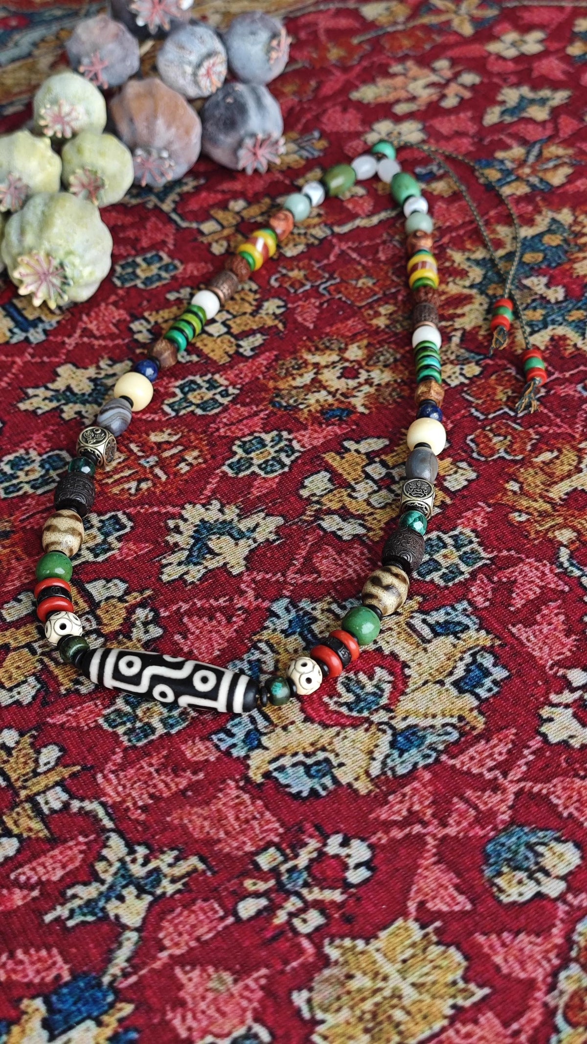 Vintage Tibetan 9 Eye Dzi Bead  Multi Gemstone Necklace, Handcarved Om Mani Padme Hum, Ethnic Tribal Amulet 62-80cm