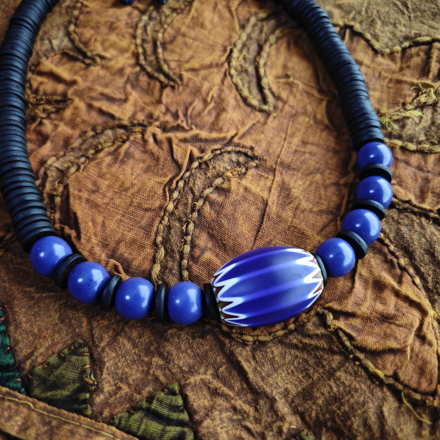 Large African Trade Bead Necklace with Lapis Lazuli & Coconut, Ethnic Tribal Bohemian Jewelry