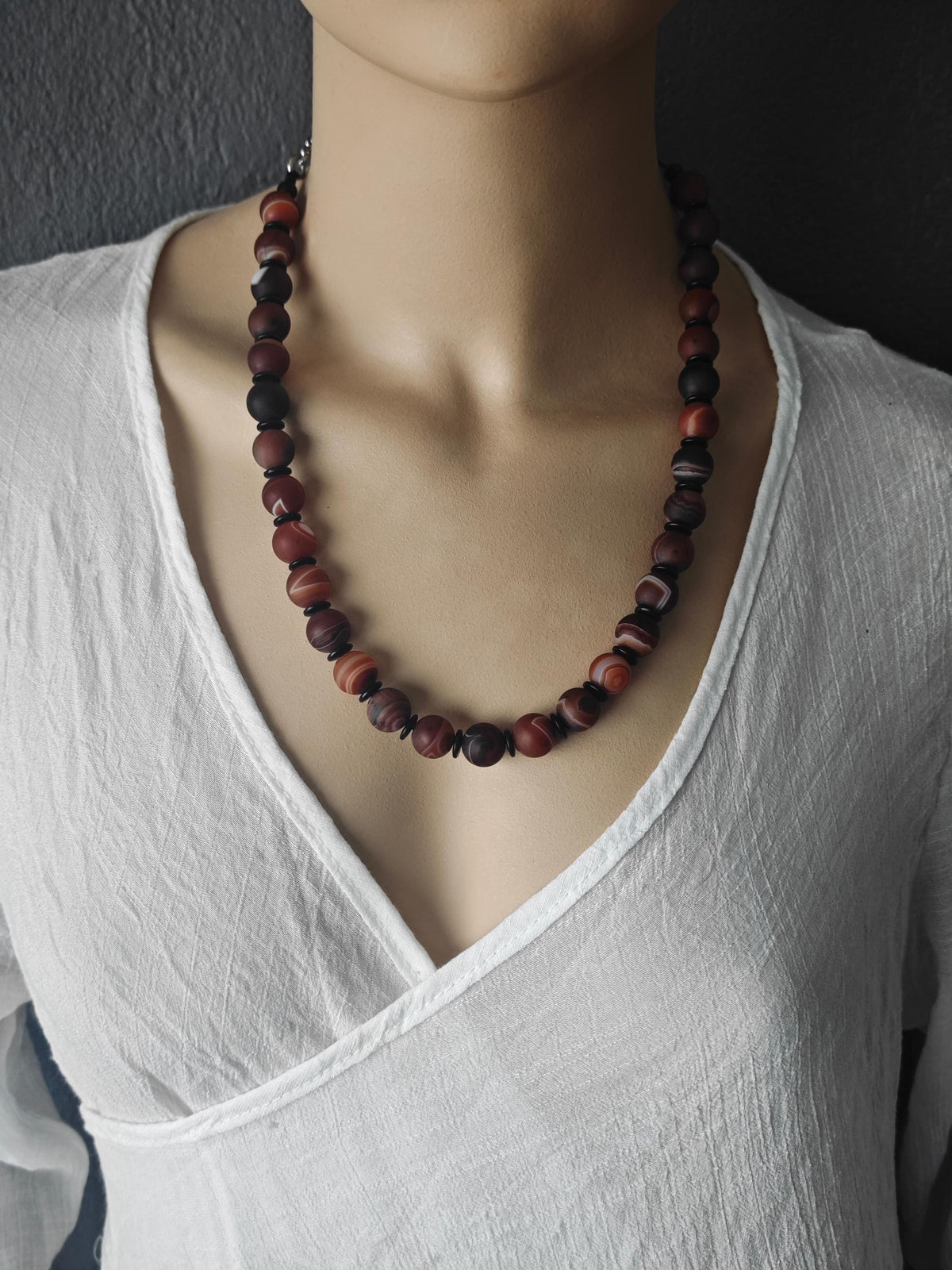 Handmade Matte Banded Agate Necklace with Coconut Spacers | Adjustable Ethnic Boho Jewelry
