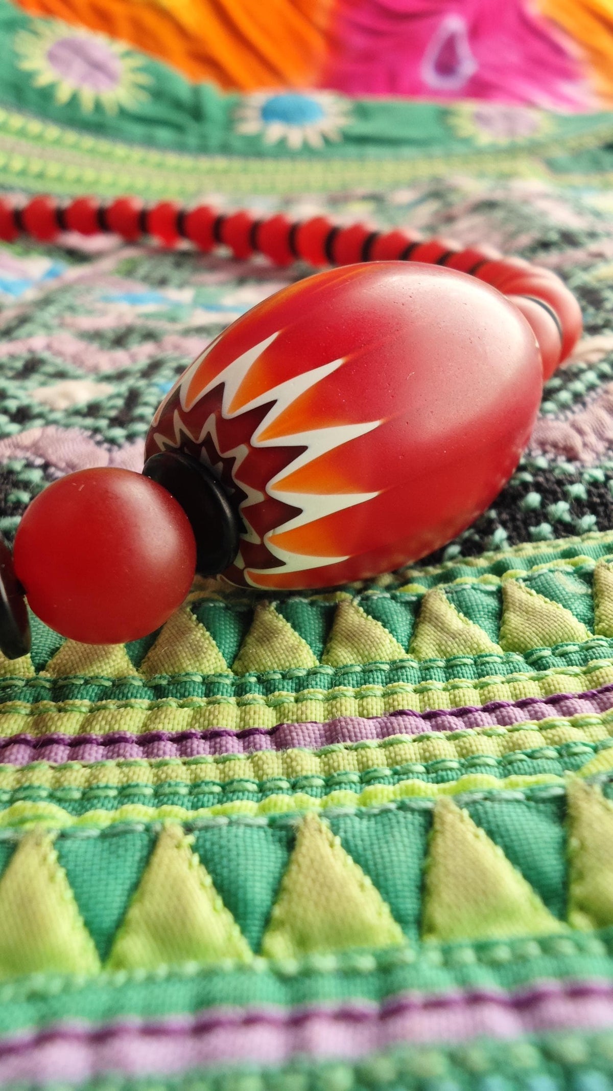 Red Chevron African Trade Bead Necklace, Nan Hong Agate, Coconut Disc, Stainless Steel Clasp