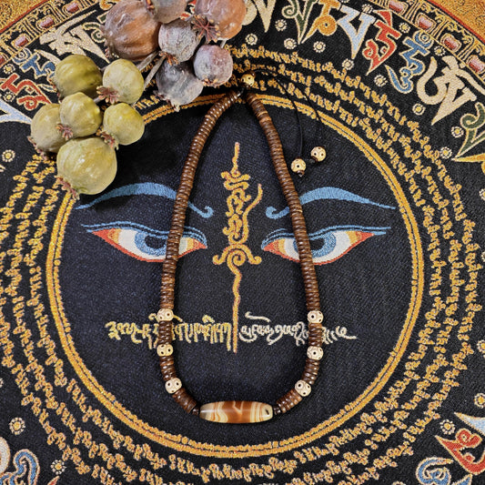 Tibetan Sardonyx Agate Dzi Bead Necklace, Yak Bone, Coconut Shell, Bohemian Spiritual Jewelry