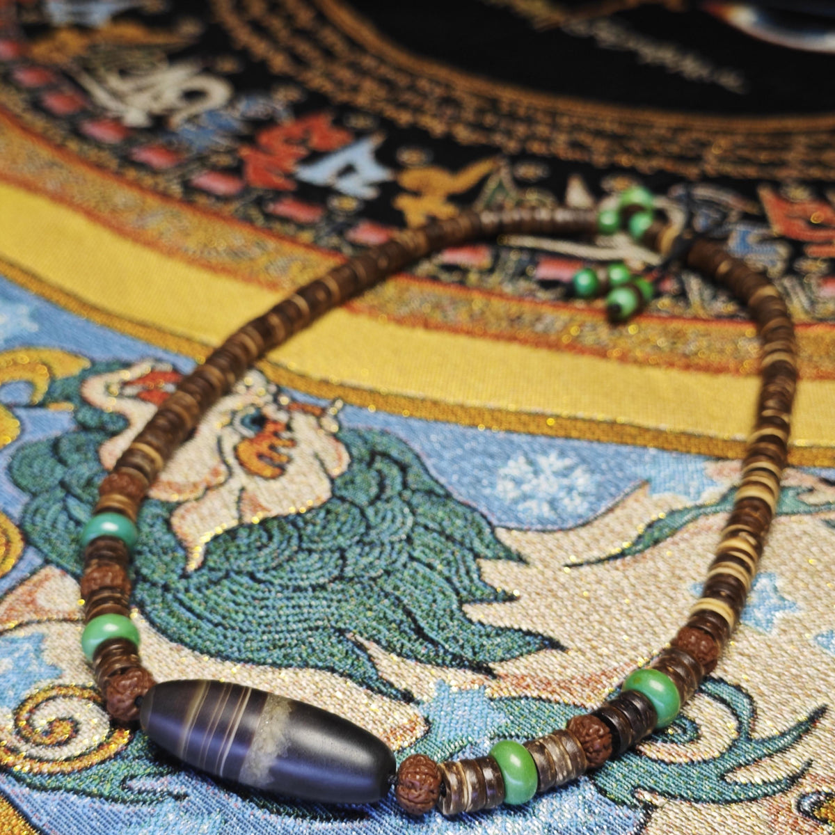 Tibetan Dzi Bead Necklace, Turquoise, Rudraksha, Coconut Shell, Ethnic Boho Jewelry
