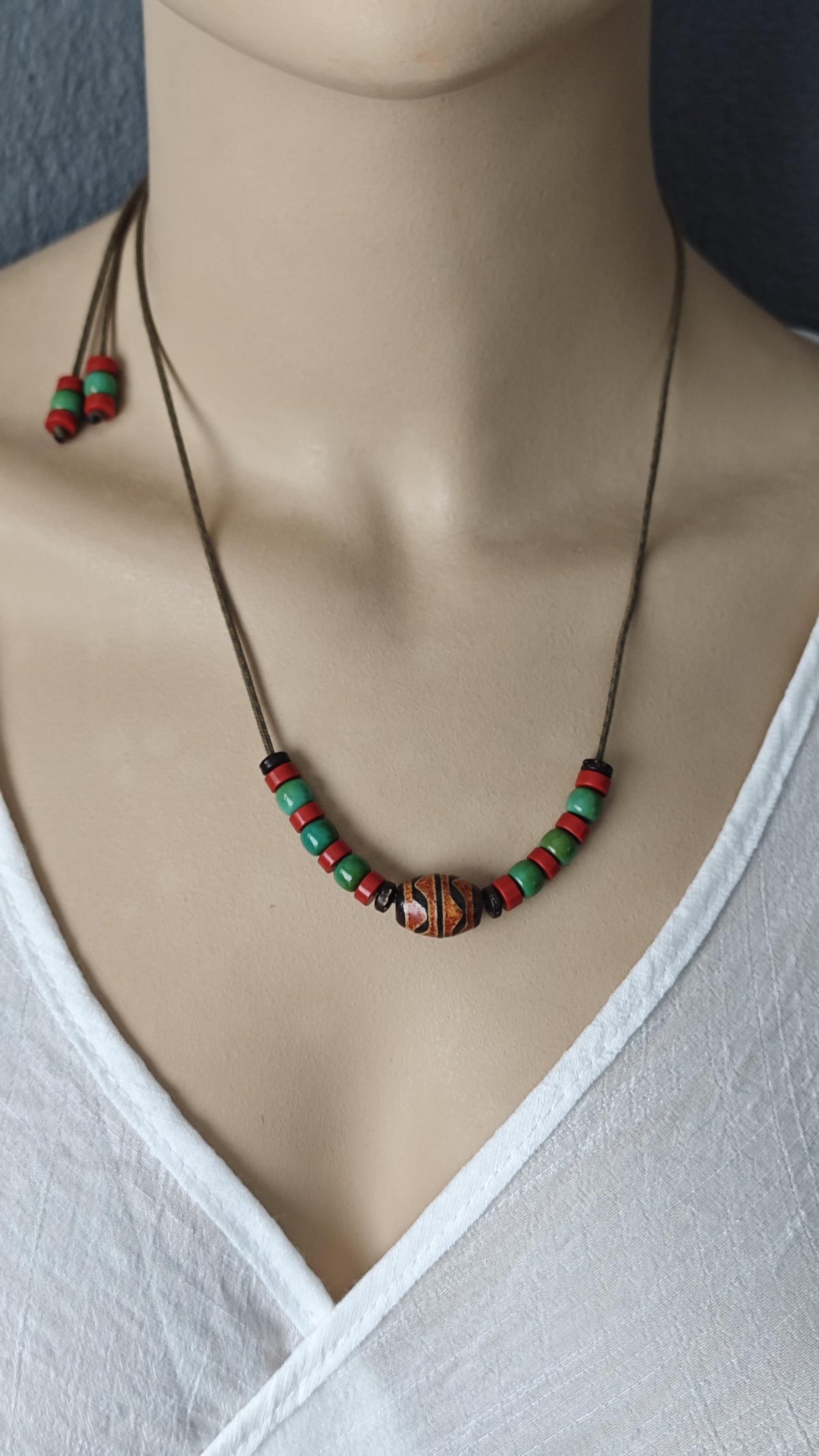 Vintage Tibetan Dzi Bead Necklace, Nan Hong Red Agate Turquoise Choker, Adjustable Ethnic Tribal Amulet, Spiritual Protection Pendant
