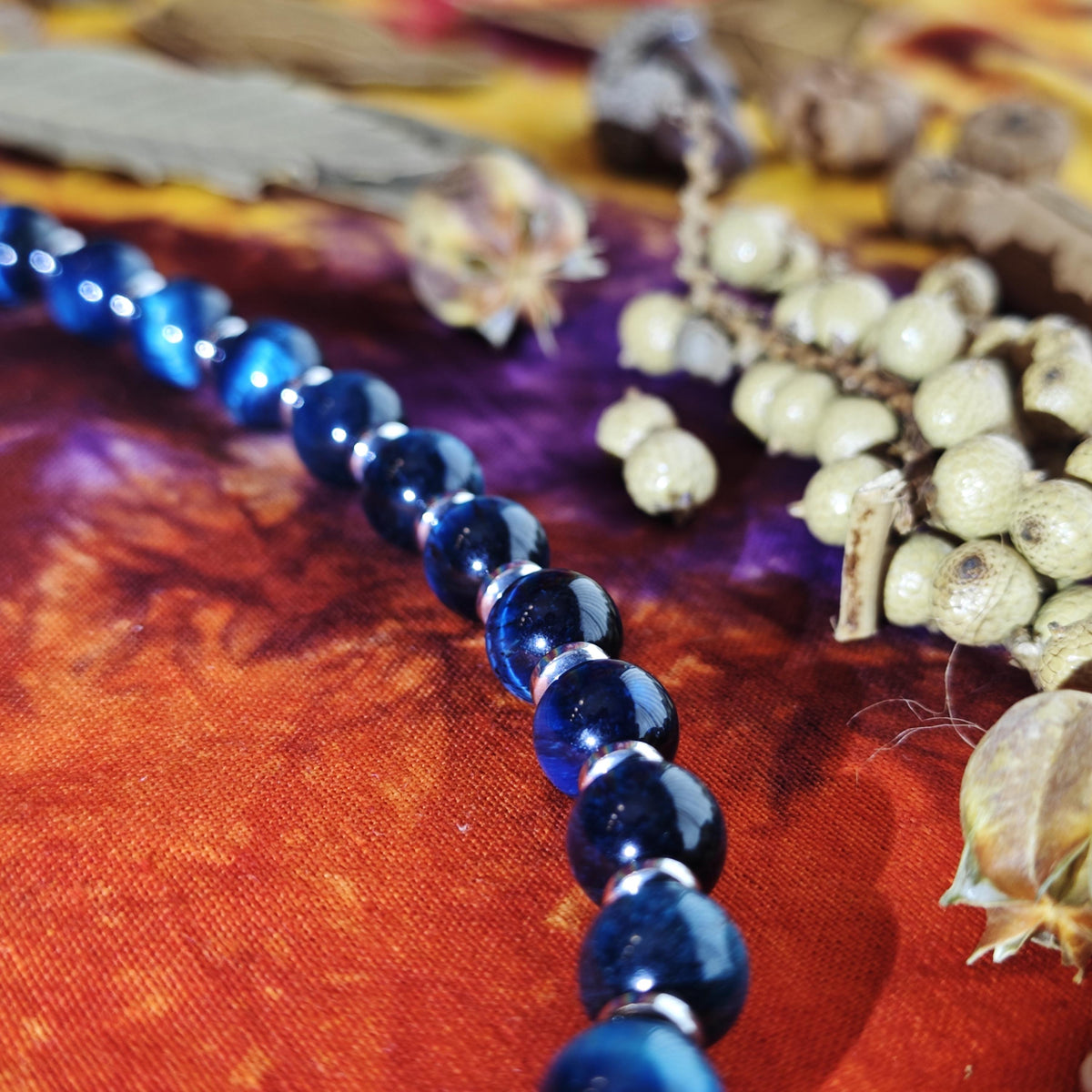 Handmade Blue Tiger's Eye Necklace with Hematite, Adjustable Ethnic Boho Jewelry