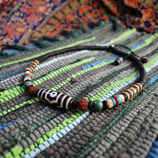 Tibetan Dzi Bead Necklace, Rudraksha Mala & Turquoise Boho Choker, Yak Bone Tribal Jewelry, Spiritual Meditation Surfer Necklace 50cm