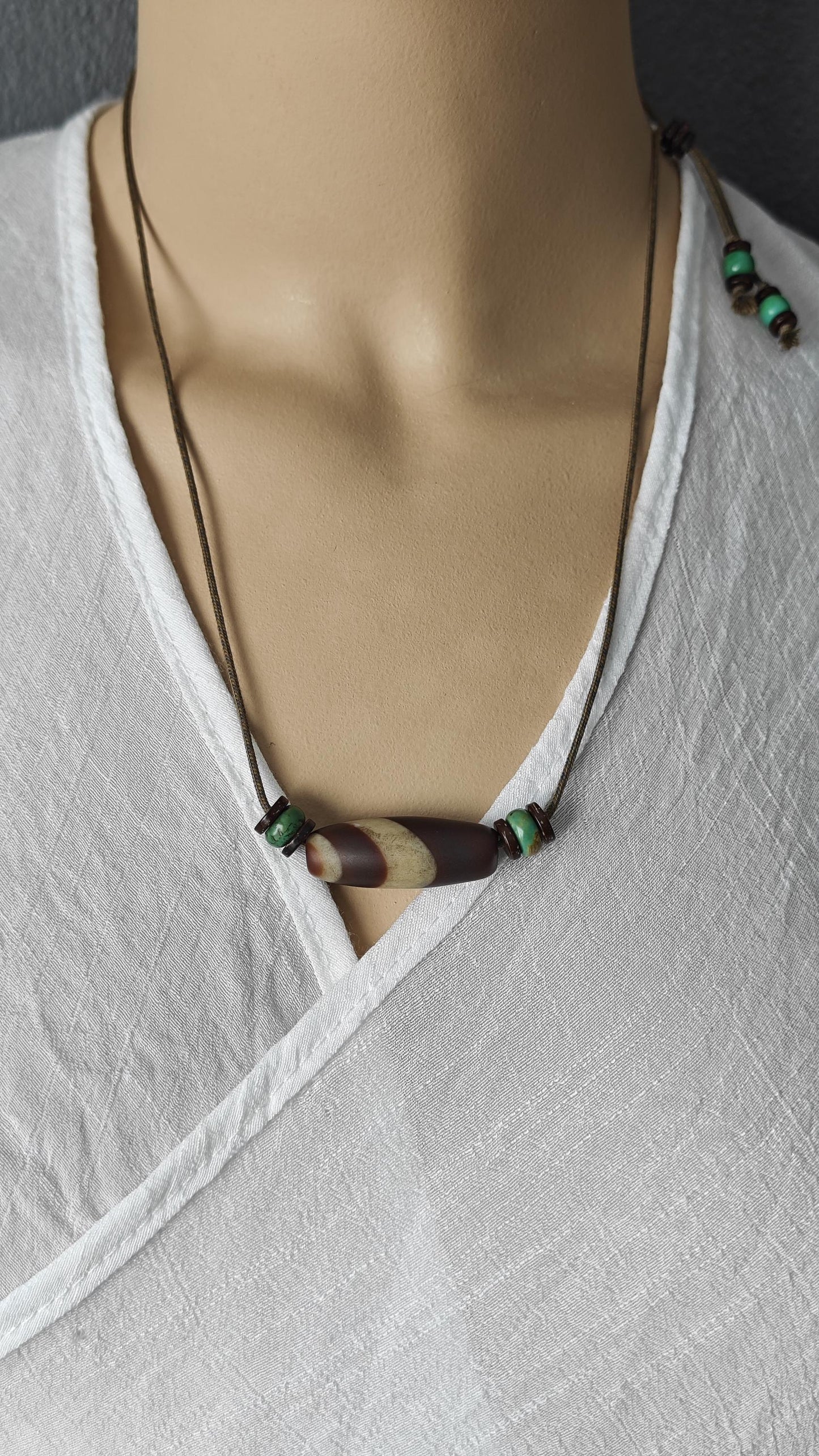 Vintage Tibetan Banded Agate Dzi Bead Necklace, Turquoise Choker, Tribal Boho Amulet (40-60cm)
