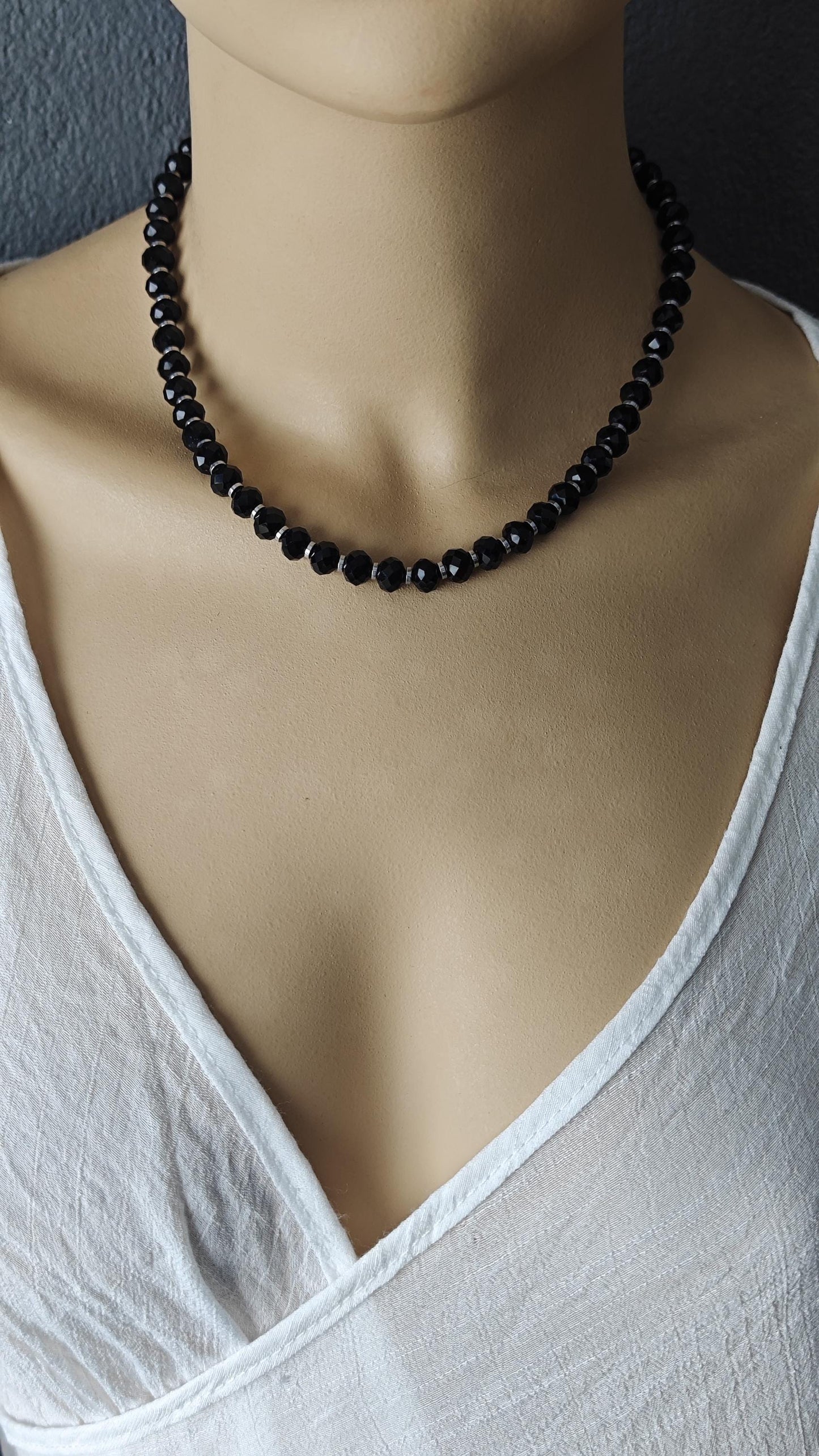 Jet Black Liuli Beaded Necklace Earring Set, Hematite Spacer, 925 Sterling Silver Hook, Gothic Elegant Glass Jewelry Set, 42-50cm