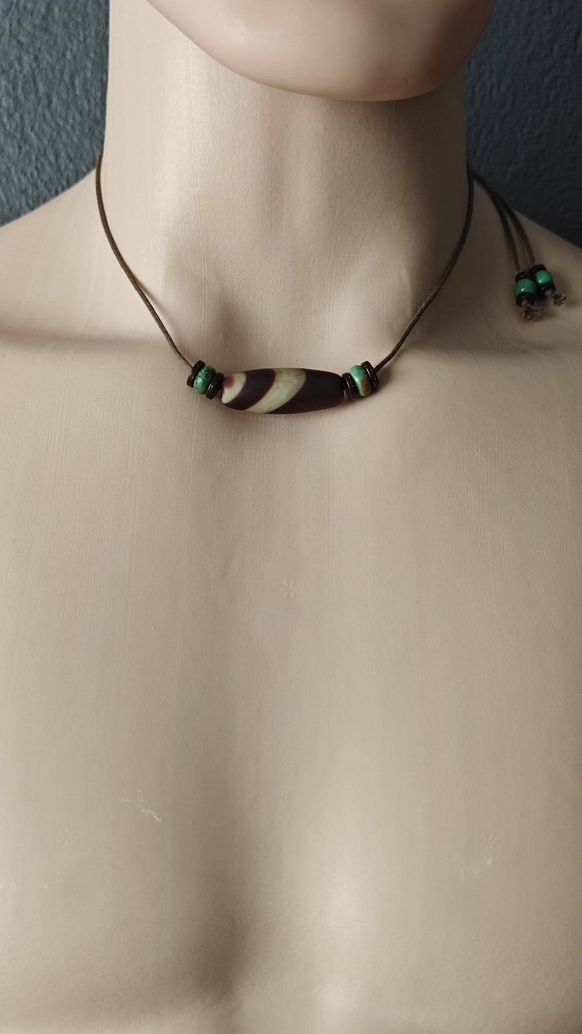 Vintage Tibetan Banded Agate Dzi Bead Necklace, Turquoise Choker, Tribal Boho Amulet (40-60cm)